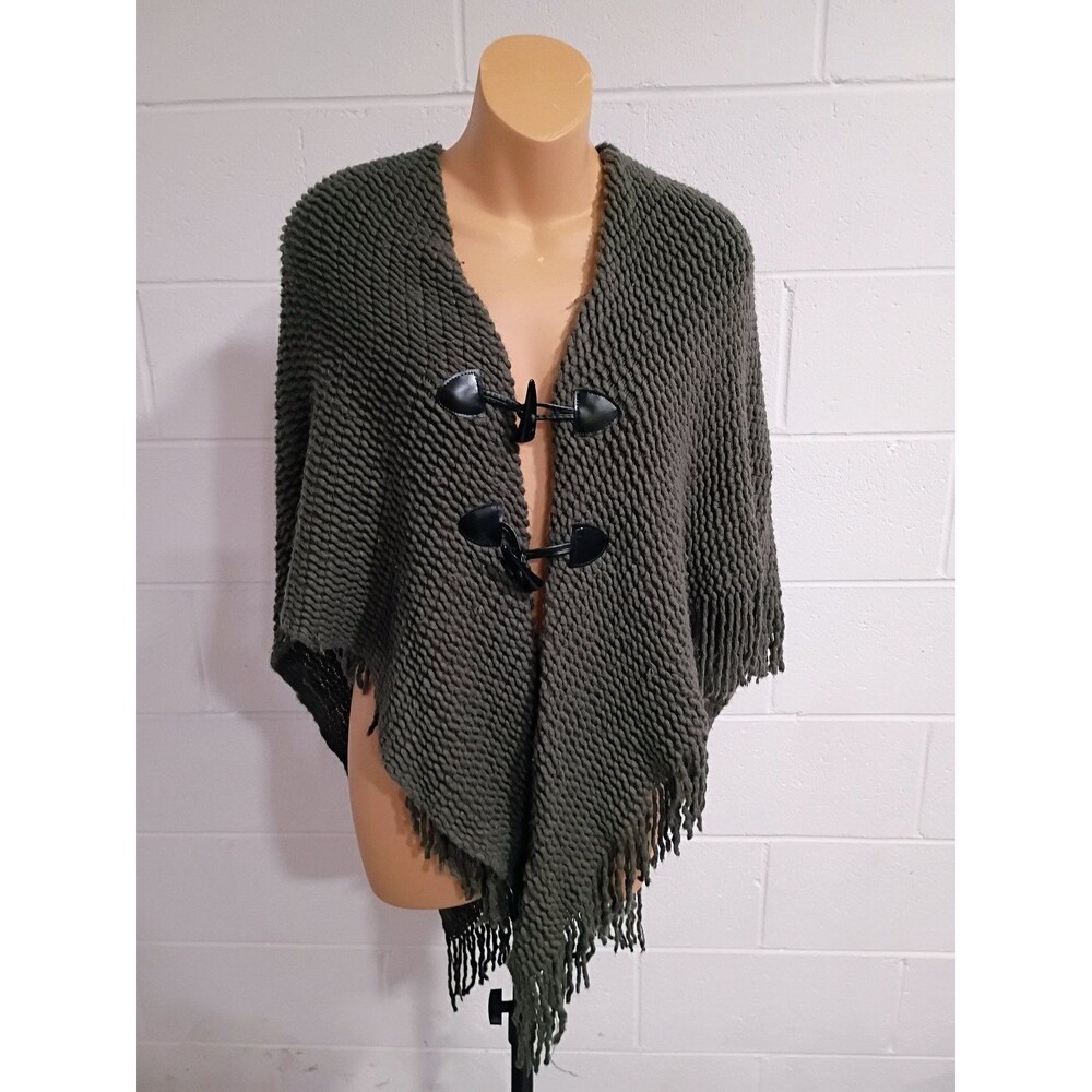 Chic Olive Green Knit Poncho Shawl Wrap with Toggle Closure & Fringe One Size